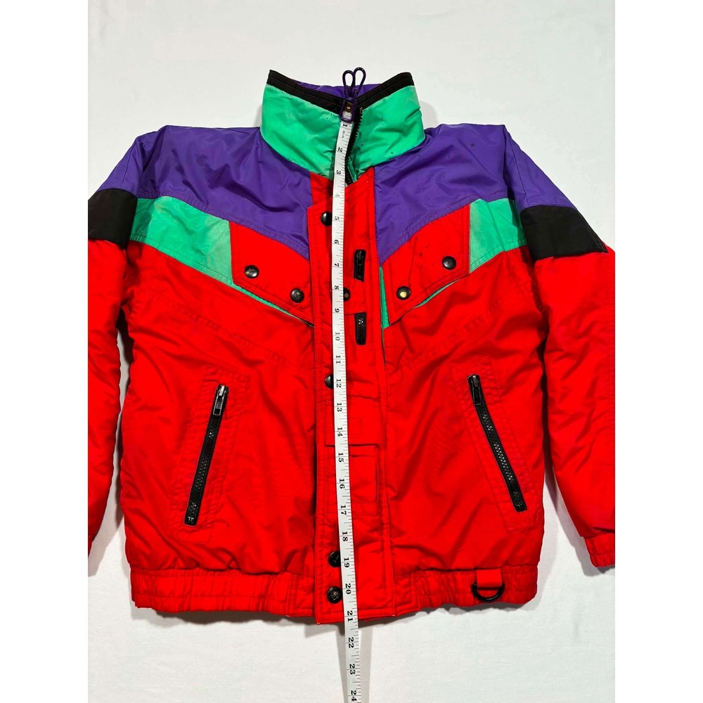 Vintage Kids M 10-12 Colorblock Ski Jacket Red Purple Green Retro 90s Puffer - Picture 10 of 12